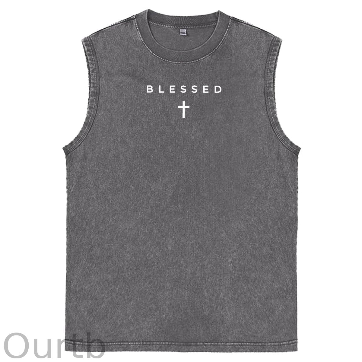 Cross Blessed Print Washed Cotton Sleeveless Tank Tops