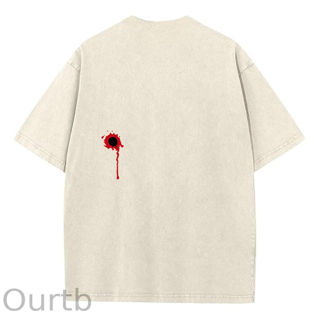 I'm Fine Pattern Washing And Aging Process Crew Neck T-Shirt
