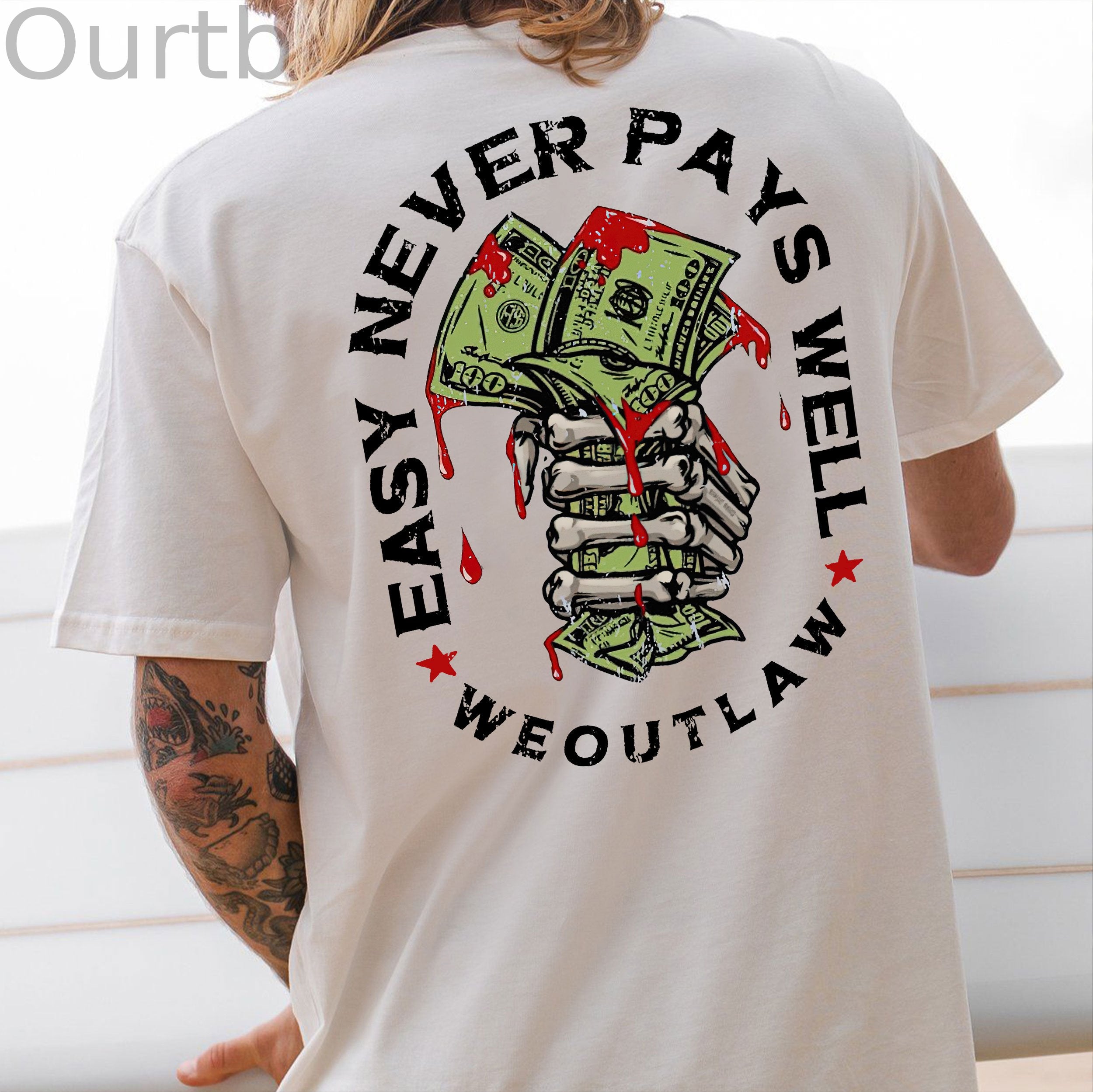 EASY NEVER PAYS WELL Bones and Money White Print T-Shirt