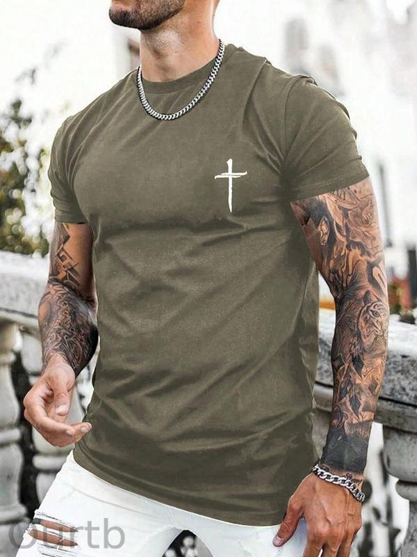 Men's Regular Fit Cross Print Short Sleeve Tee, Casual Graphic Round Neck T-Shirt for Summer, Fashion Men's Streetwear Top for Daily Wear, 90s Clothes