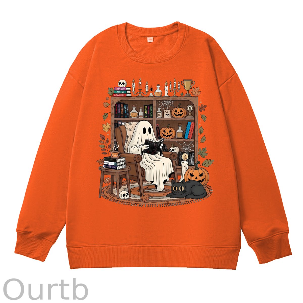 Retro Cozy Ghost Reading Halloween 100% Cotton Fall and Winter Sweatshirt