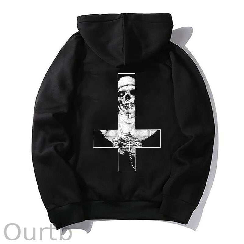 Stuck In Evil Nun Holding Cross Casual Black Print Hoodie