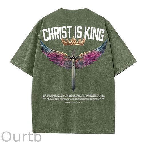 Christ Is King  Pattern Washing And Aging Process Crew Neck T-Shirt