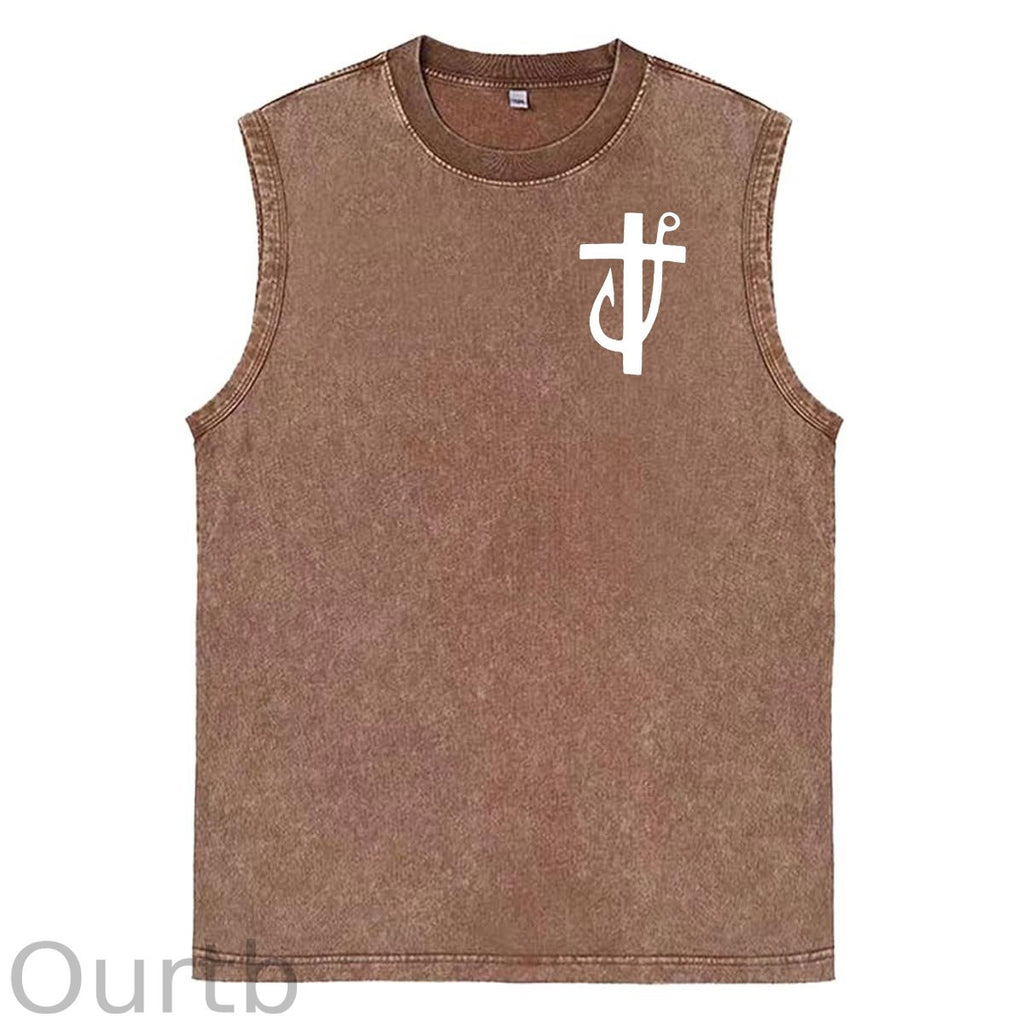 Jesus Made Me A Fisherman  Pattern Sleeveless Cotton Washed Printed Loose Vest