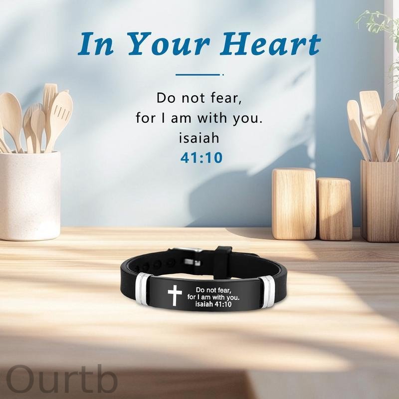 Cross Bracelet Inspirational Bible Quotes Faith Christian Silicone ID Wristband Religious Gift Men and Women Stainless Steel Rubber Adjustable Bracelet