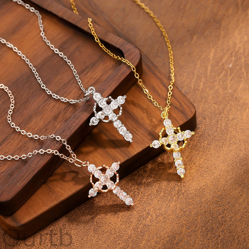 Titanium Steel Cross Hollowed Out Zircon Necklace