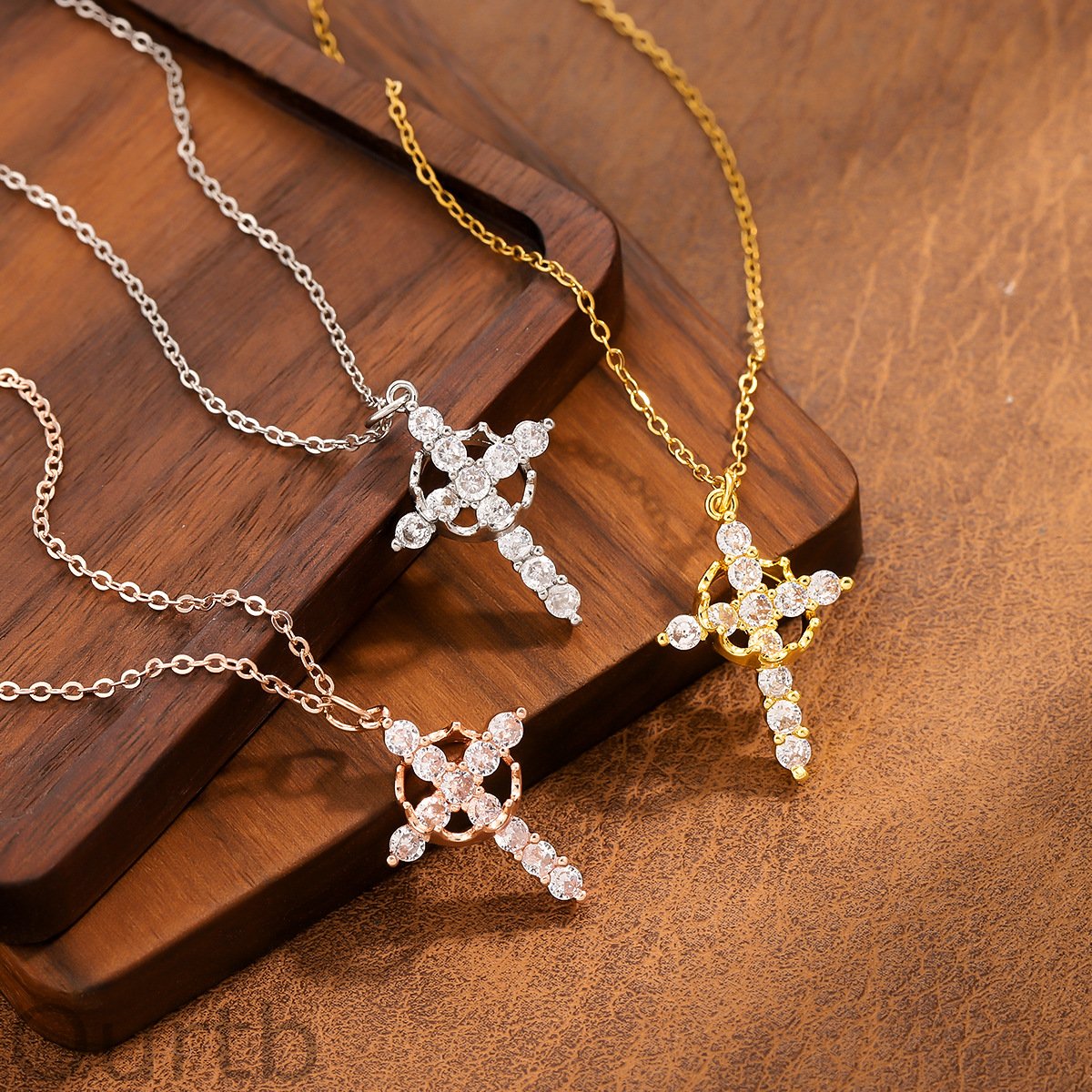 Titanium Steel Cross Hollowed Out Zircon Necklace