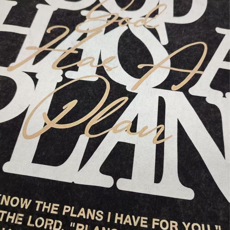 Retro Washed T-Shirt Double Sided Printed 'GOD HAS A PLAN' Letter Print Men's Casual ComfortableFashionable Street Style Cotton