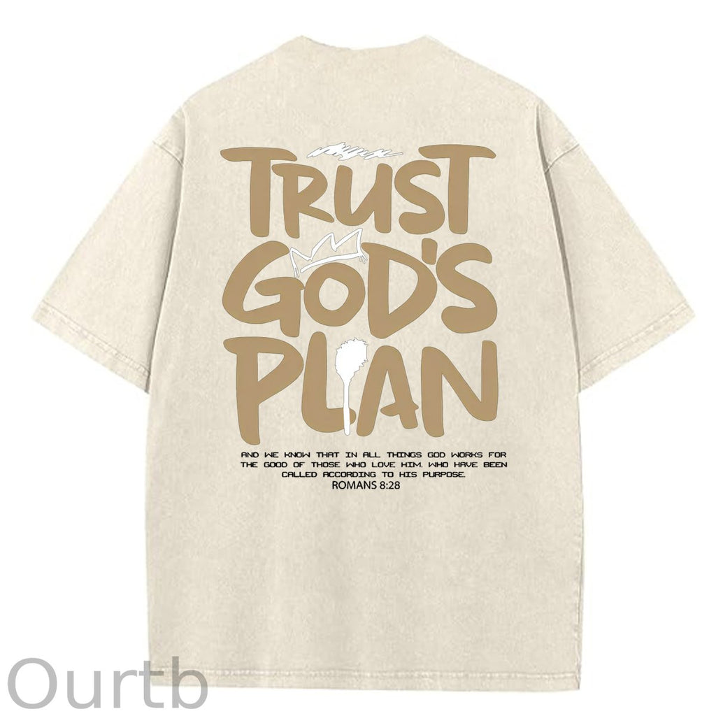 Trust God's Plan Pattern Washing And Aging Process Crew Neck T-Shirt