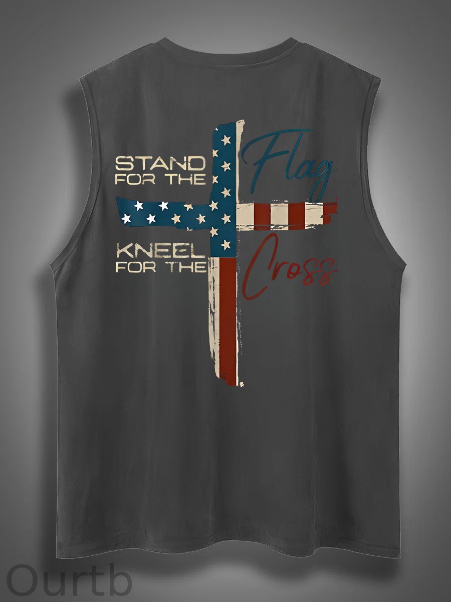 Stand For The Flag Kneel For The Cross 4th Of July Print Cotton Sleeveless Tank Tops