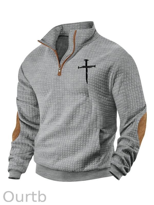 Men's Jesus Cross Print Plain Color Waffle Weave Hoodie Sweatshirt Pullover