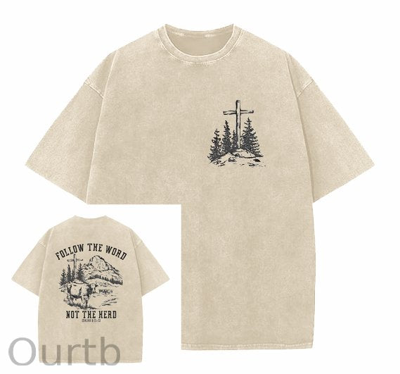 Follow The Word Not The Hero Easter Jesus Christ  faith And God Washed And Distressed Craft Pint Pattern Crew Neck T-Shirt