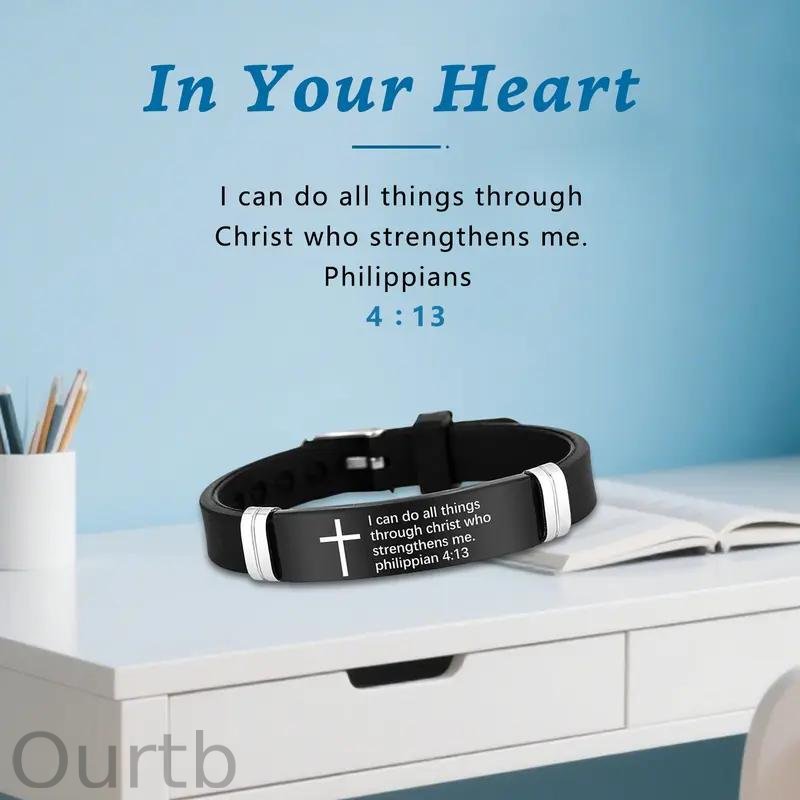 Cross Bracelet Inspirational Bible Quotes Faith Christian Silicone ID Wristband Religious Gift Men and Women Stainless Steel Rubber Adjustable Bracelet