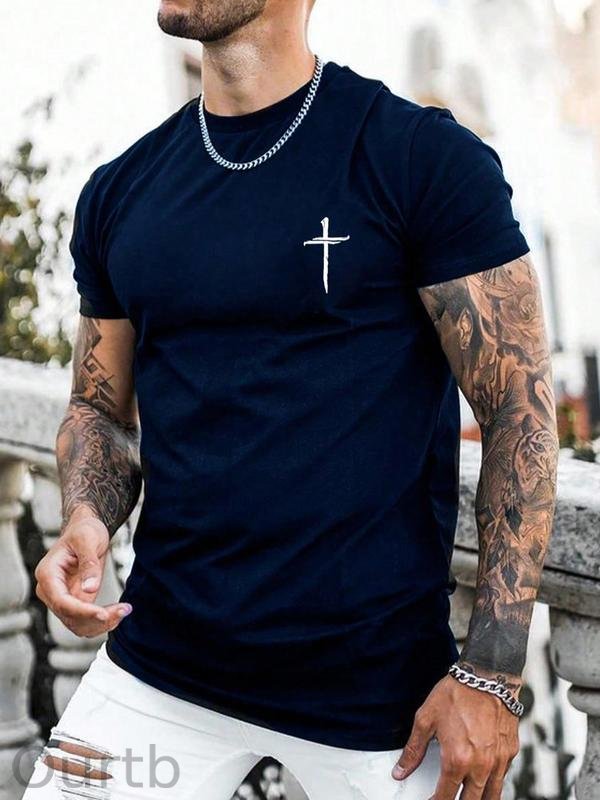 Men's Regular Fit Cross Print Short Sleeve Tee, Casual Graphic Round Neck T-Shirt for Summer, Fashion Men's Streetwear Top for Daily Wear, 90s Clothes