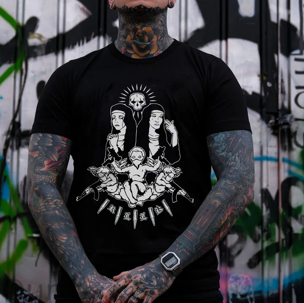 Nun Praying & Angel Religion Black Print T-shirt