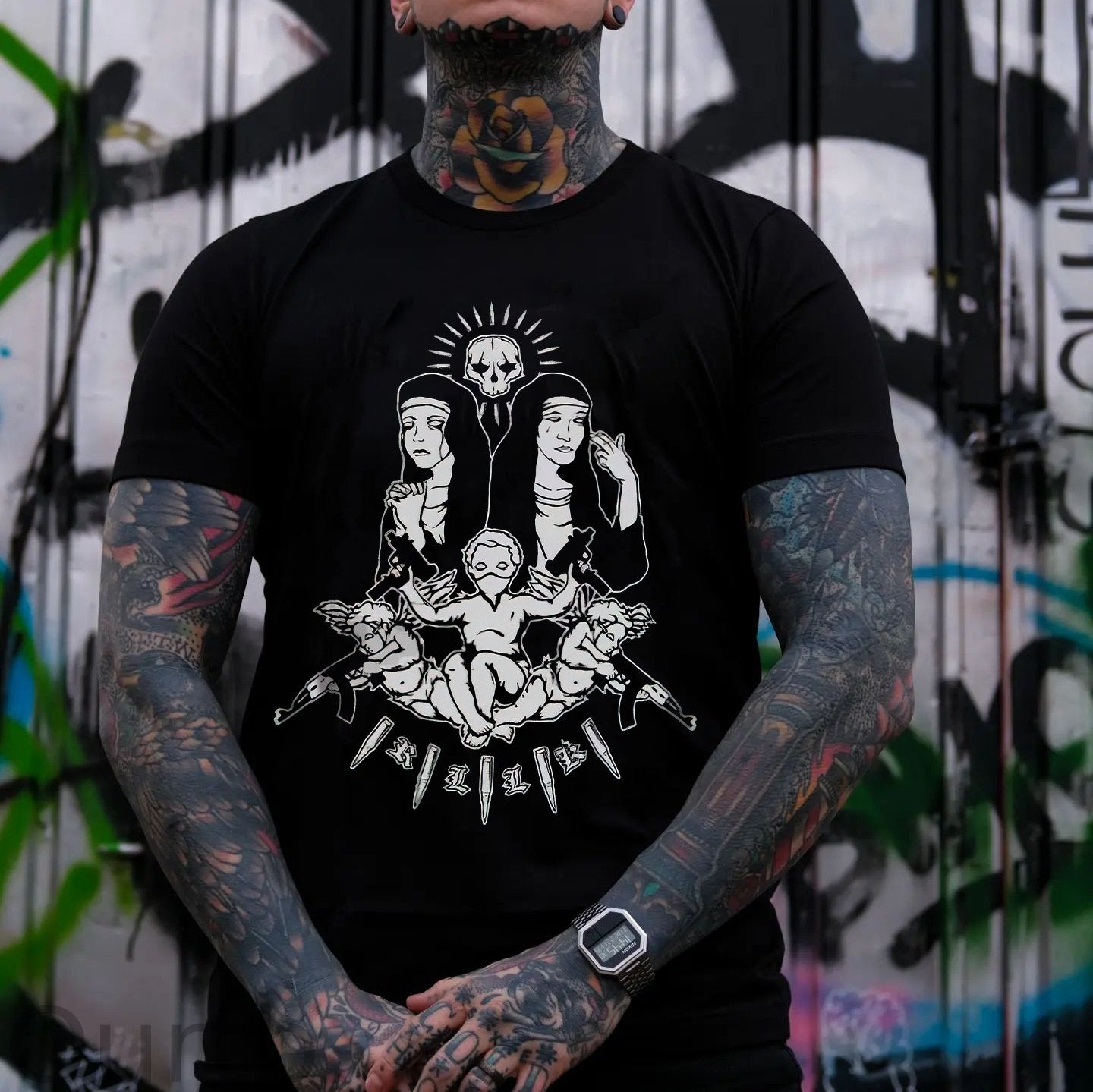 Nun Praying & Angel Religion Black Print T-shirt