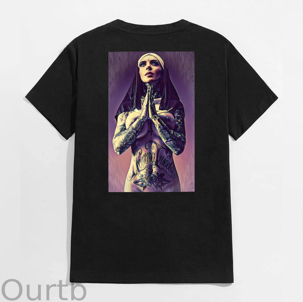 Pious Nun Praying with Tattoo Black Print T-shirt
