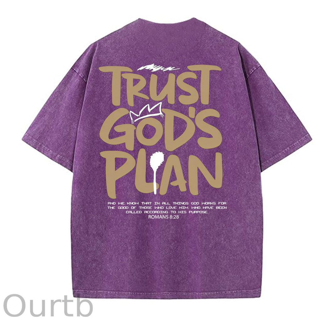 Trust God's Plan Pattern Washing And Aging Process Crew Neck T-Shirt