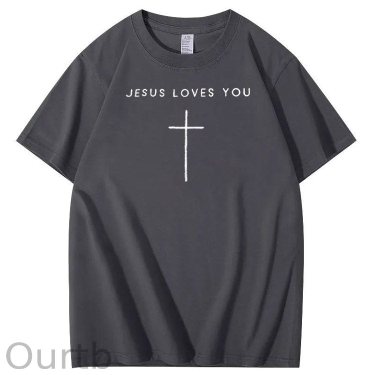Jesus Loves You Pattern Print Crew Neck T-Shirt