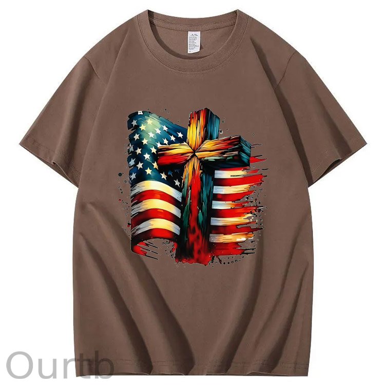American Flag And Cross Pattern Print 100%Cotton T-Shirt