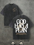 Retro Washed T-Shirt Double Sided Printed 'GOD HAS A PLAN' Letter Print Men's Casual ComfortableFashionable Street Style Cotton