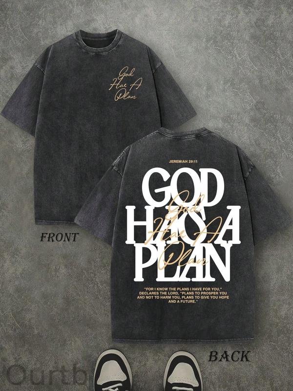 Retro Washed T-Shirt Double Sided Printed 'GOD HAS A PLAN' Letter Print Men's Casual ComfortableFashionable Street Style Cotton