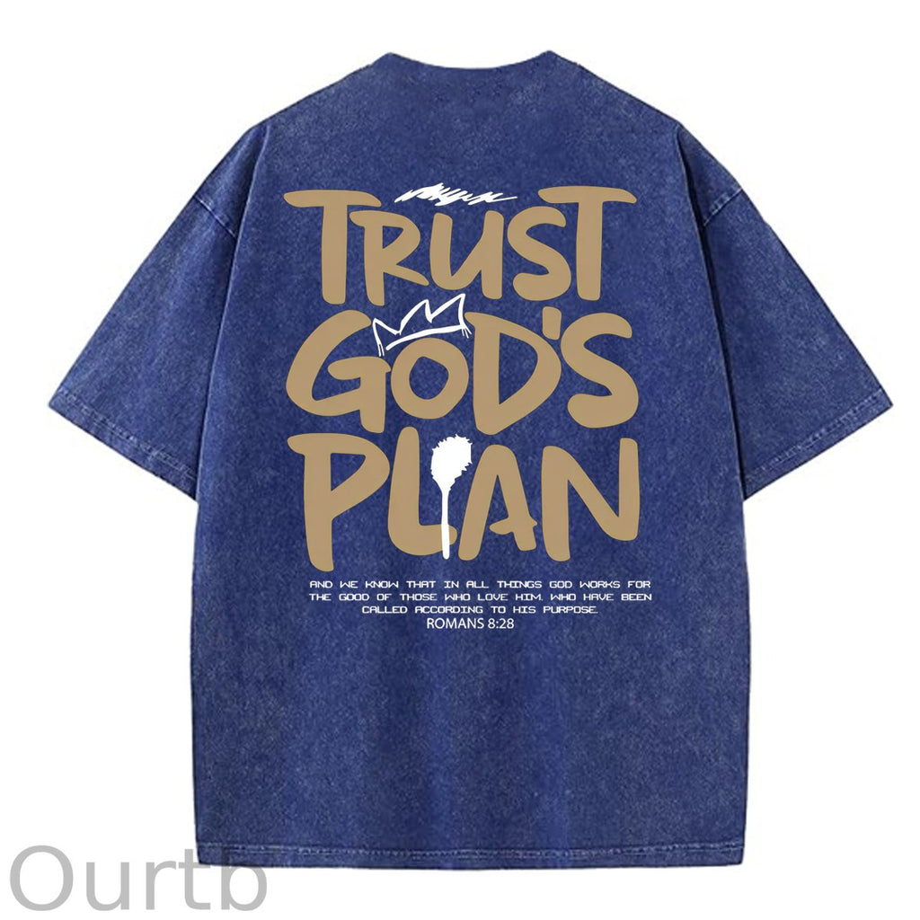 Trust God's Plan Pattern Washing And Aging Process Crew Neck T-Shirt