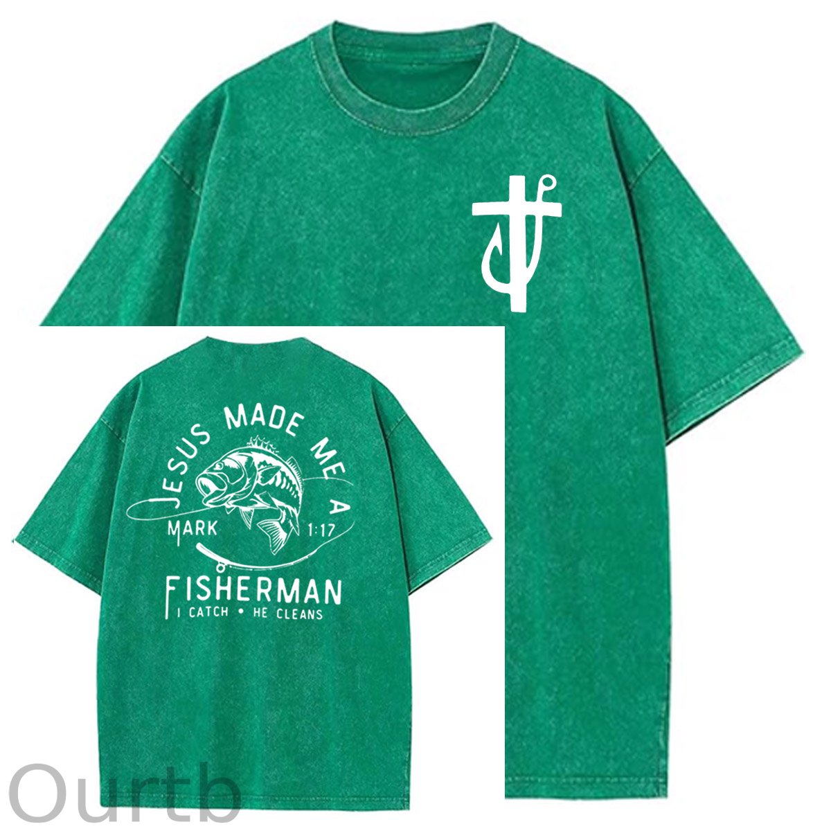 Jesus Made Me A Fisherman Pattern Washing And Aging Process Crew Neck T-Shirt