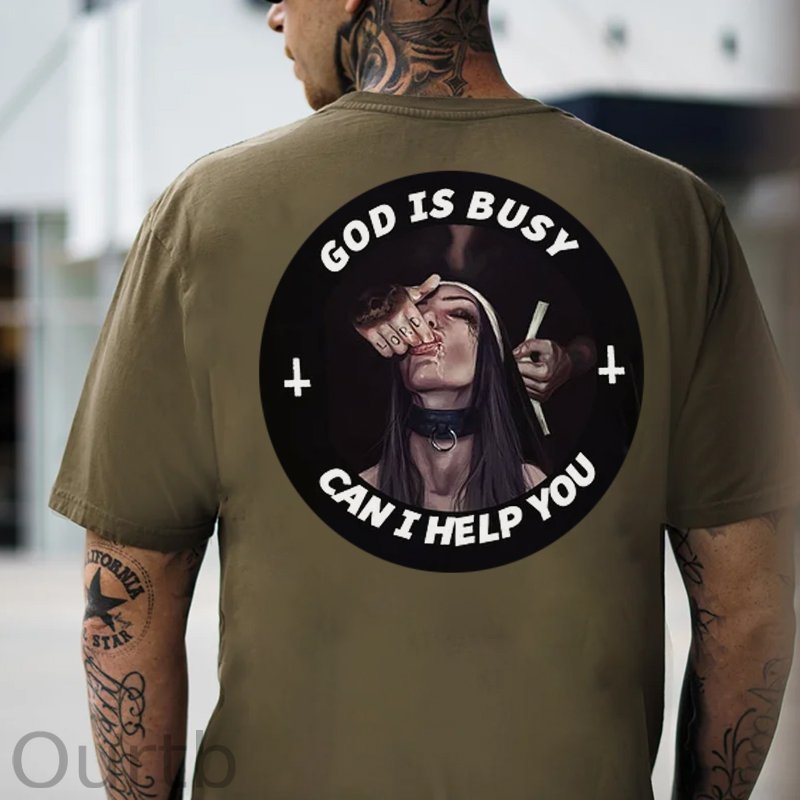 GOD IS BUSY CAN I HELP YOU Sucking Finger Nun Print Men's T-Shirt
