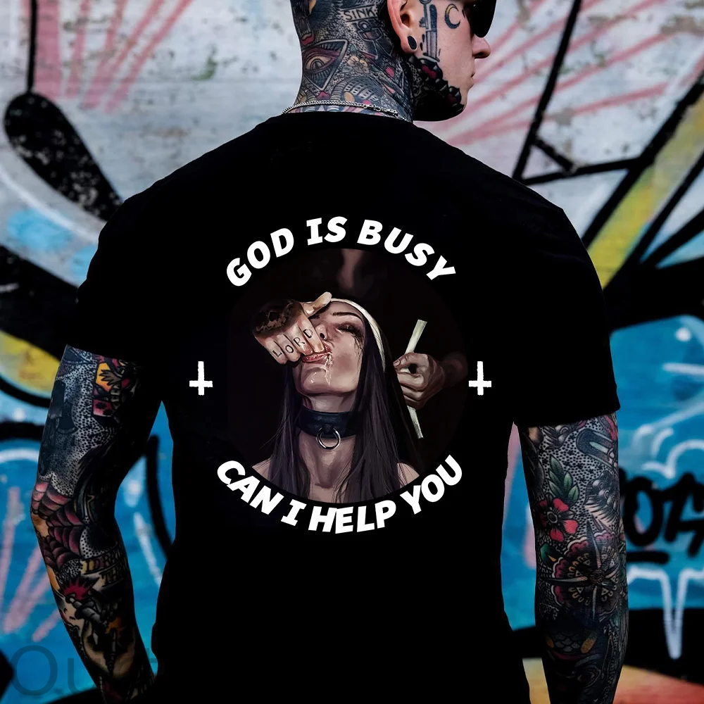 GOD IS BUSY CAN I HELP YOU Sucking Finger Nun Print Men's T-Shirt