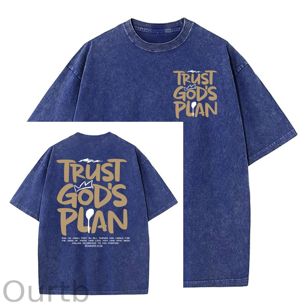 Trust God's Plan Pattern Washing And Aging Process Crew Neck T-Shirt