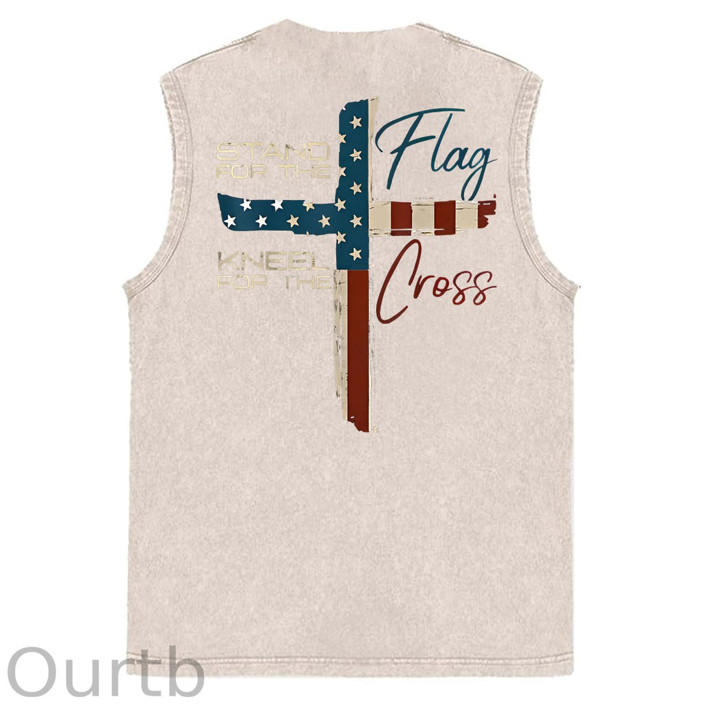 Stand For The Flag Kneel For The Cross 4th Of July Print Washed Cotton Sleeveless Tank Tops