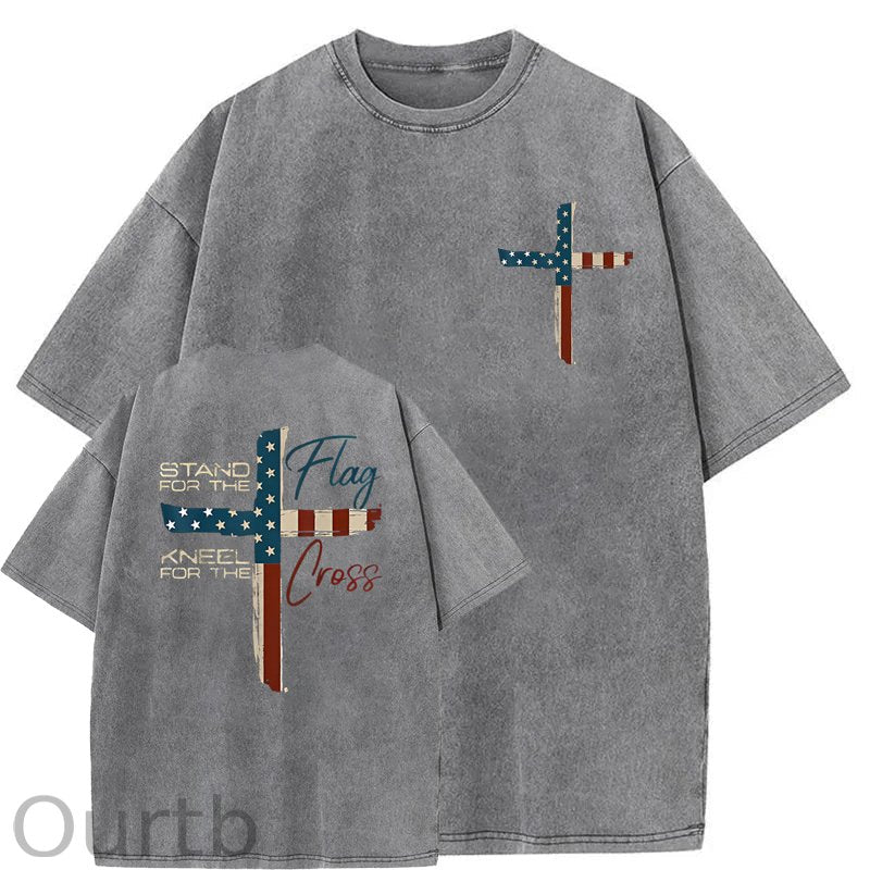Stand For The Flag Kneel For The Cross 4th Of July Washed T-Shirt
