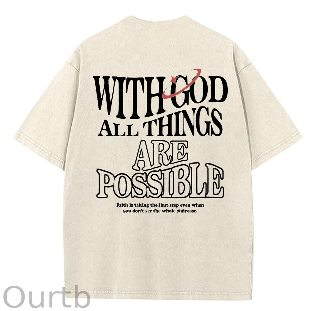 White God All Things Are Possible  Washed And Distressed Pattern Crew Neck T-Shirt