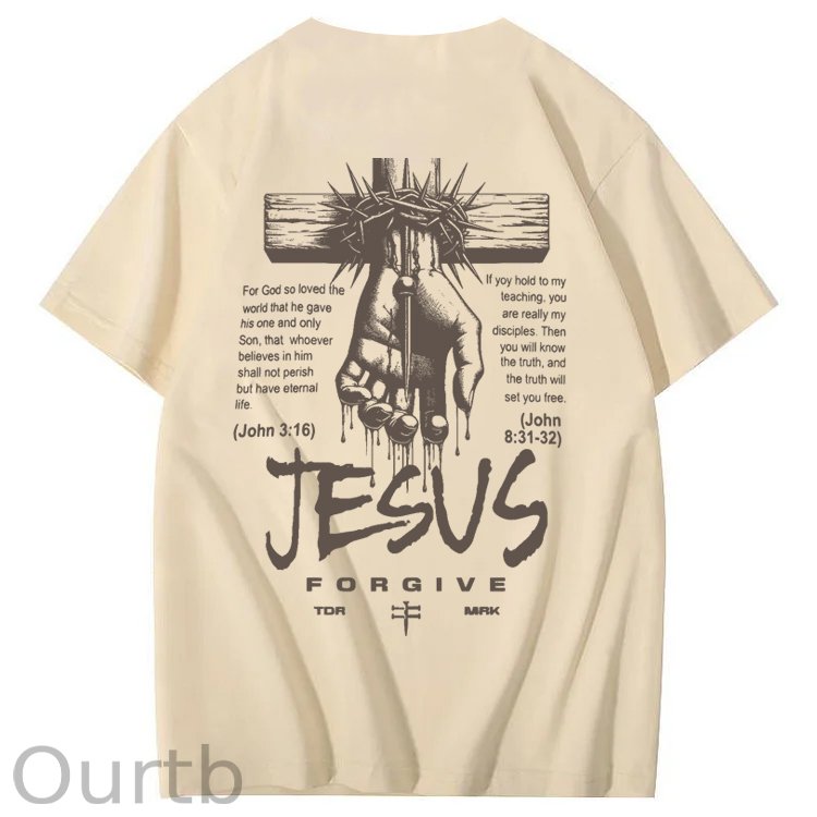 Jesus Forgive Pattern Print 100%Cotton T-Shirt