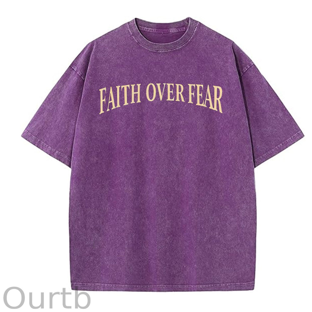 Faith Over Fear  Pattern Washing And Aging Process Crew Neck T-Shirt