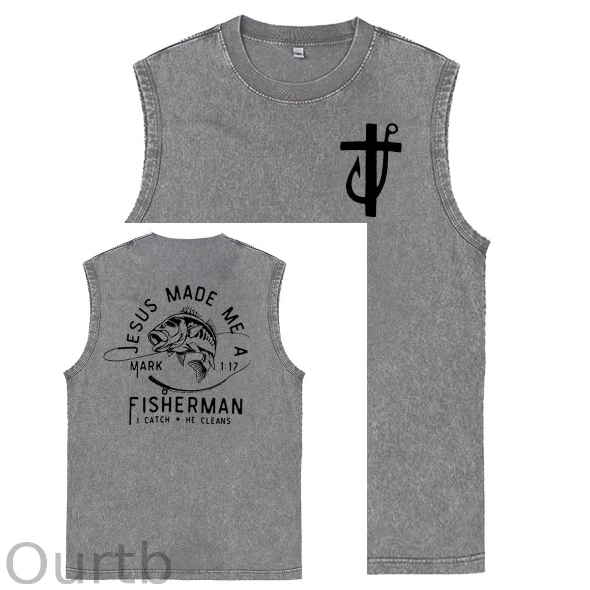 Jesus Made Me A Fisherman  Pattern Sleeveless Cotton Washed Printed Loose Vest