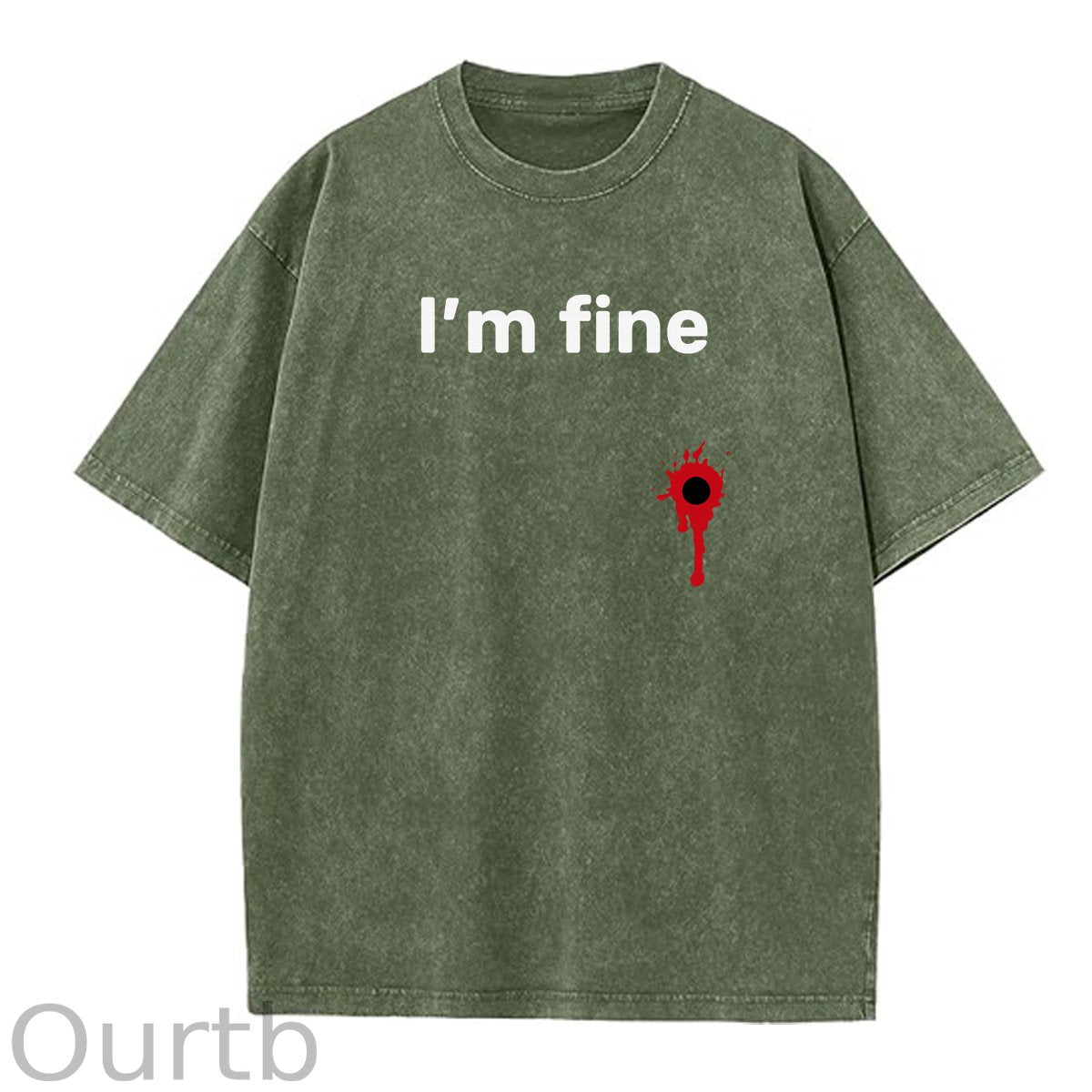 I'm Fine Pattern Washing And Aging Process Crew Neck T-Shirt