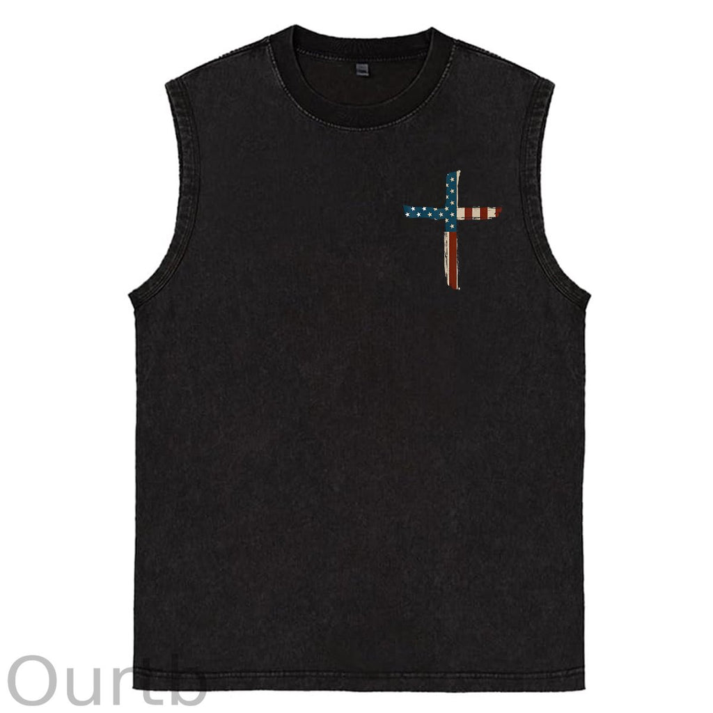 Stand For The Flag Kneel For The Cross 4th Of July Print Washed Cotton Sleeveless Tank Tops