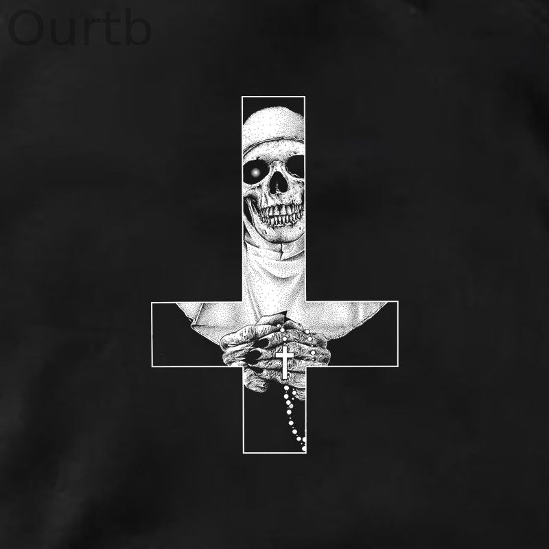 Stuck In Evil Nun Holding Cross Casual Black Print Hoodie