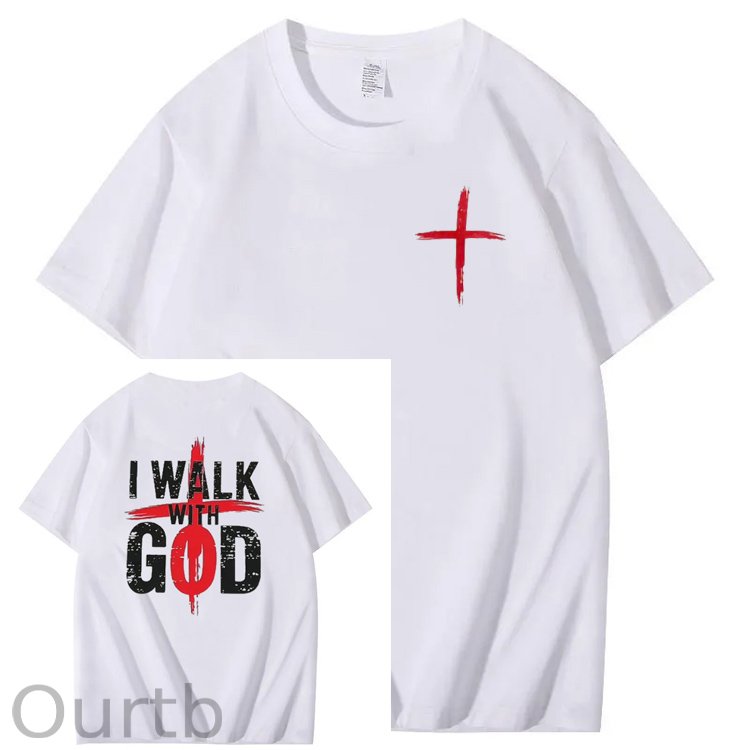 I Walk With God Pattern Printing Print Crew Neck T-Shirt