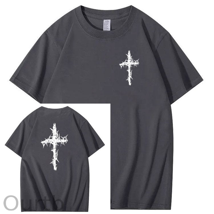 Nails Cross Pattern Print Crew Neck T-Shirt