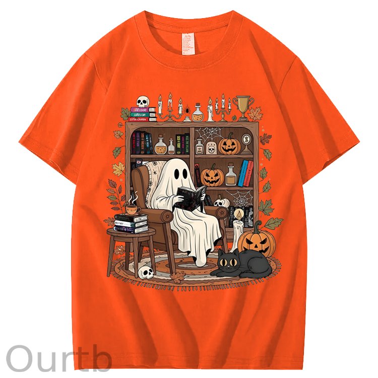Retro Cozy Ghost Reading Halloween 100% Cotton T-Shirt