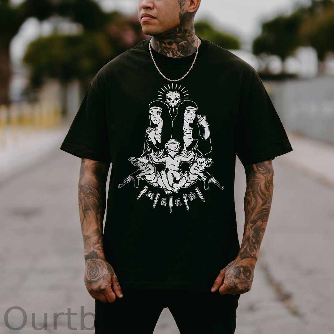 Nun Praying & Angel Religion Black Print T-shirt