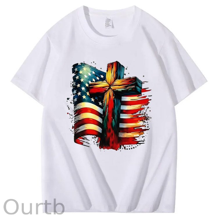 American Flag And Cross Pattern Print 100%Cotton T-Shirt
