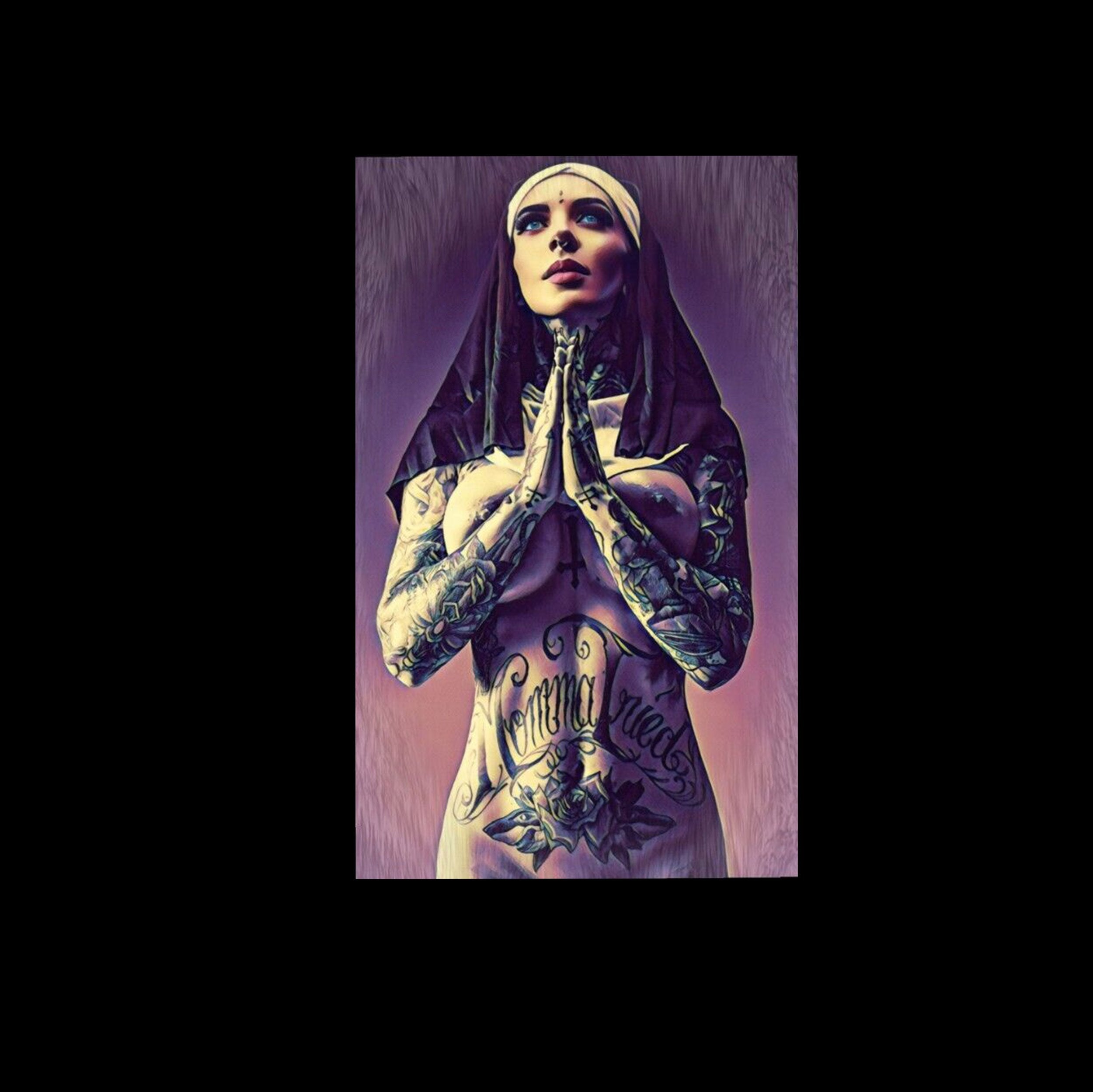 Pious Nun Praying with Tattoo Black Print T-shirt