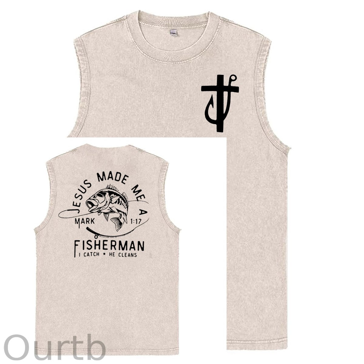 Jesus Made Me A Fisherman  Pattern Sleeveless Cotton Washed Printed Loose Vest