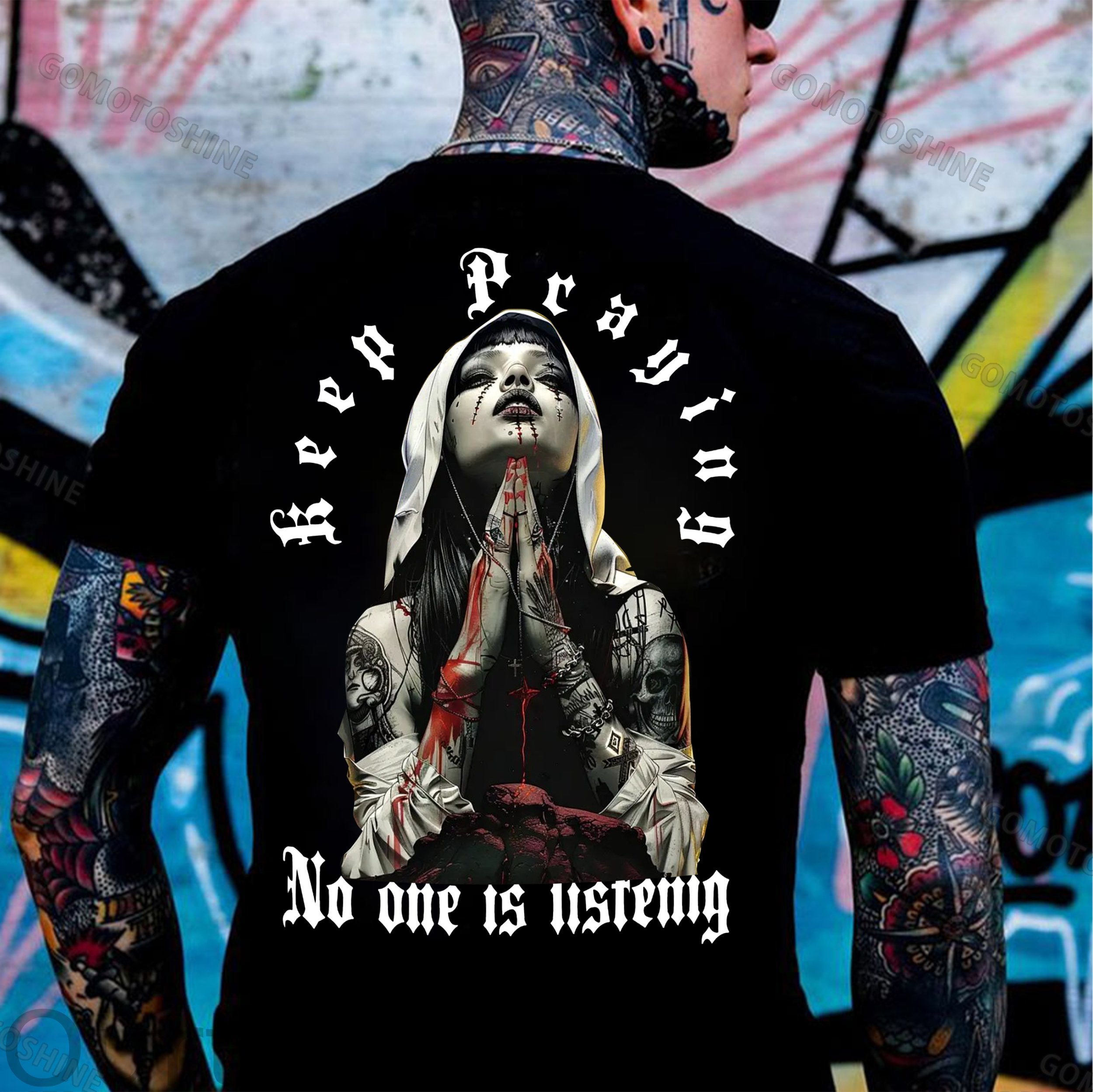 KEEP PRAYING NO ONE LISTENING Bleeding Nun Print Men's T-Shirt