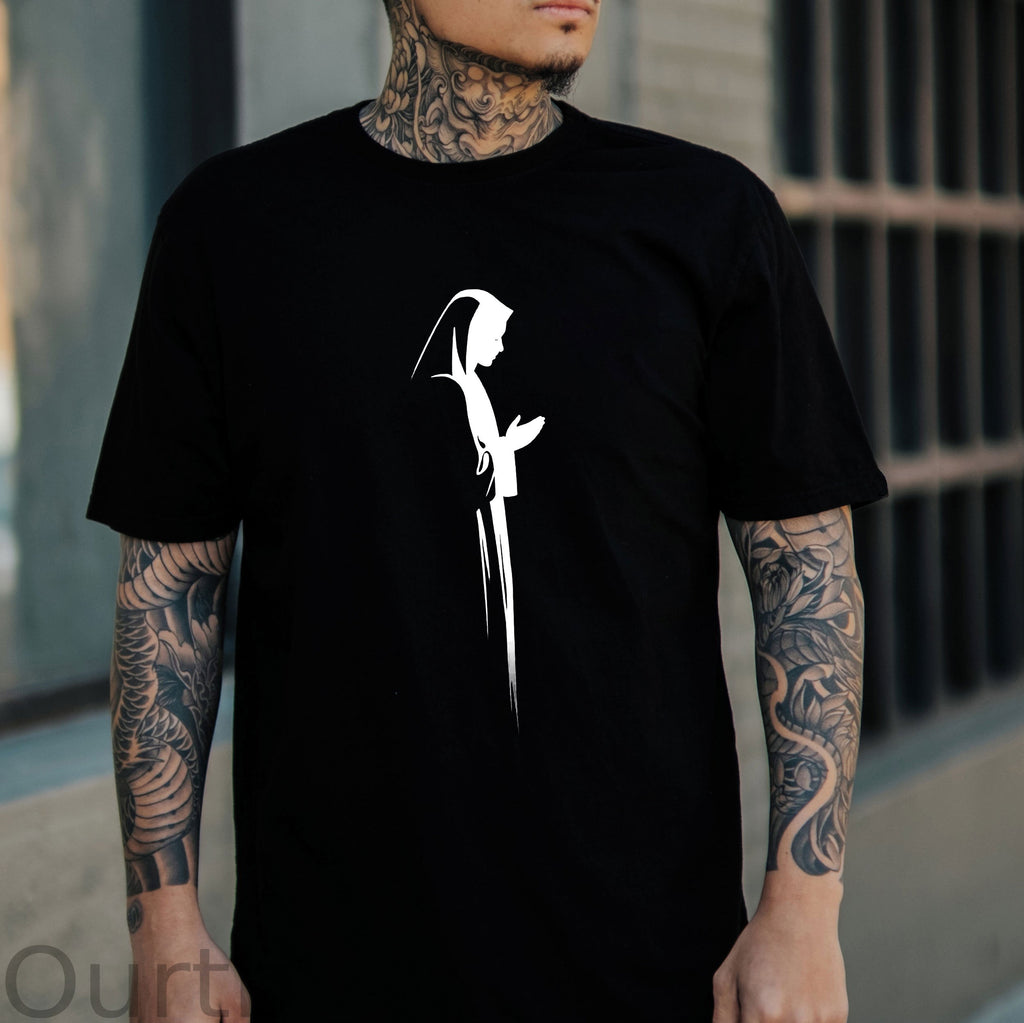 Nun Praying Light and Shadow Black Print T-shirt