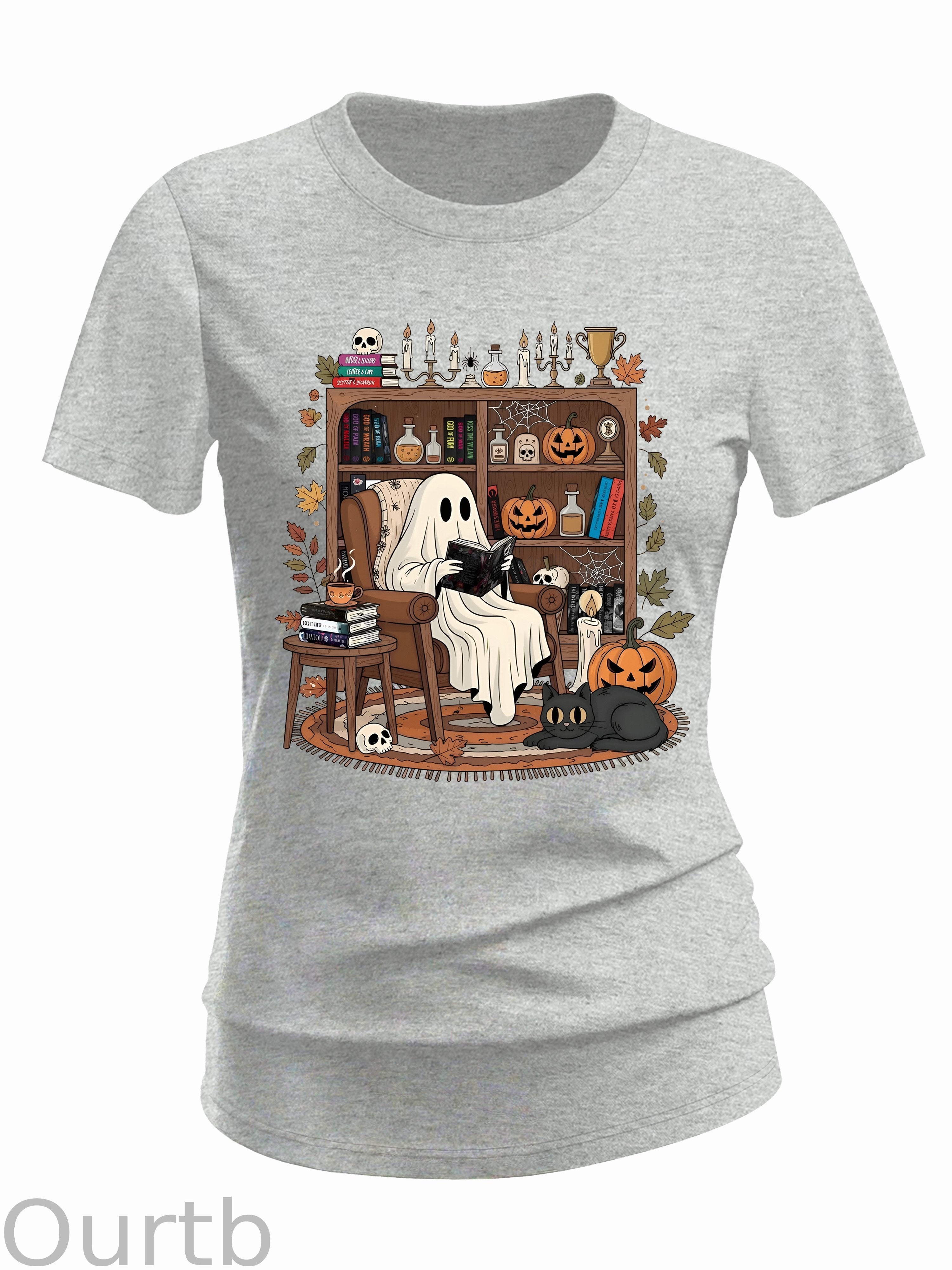Women's Retro Cozy Ghost Reading Halloween 100% Cotton T-Shirt